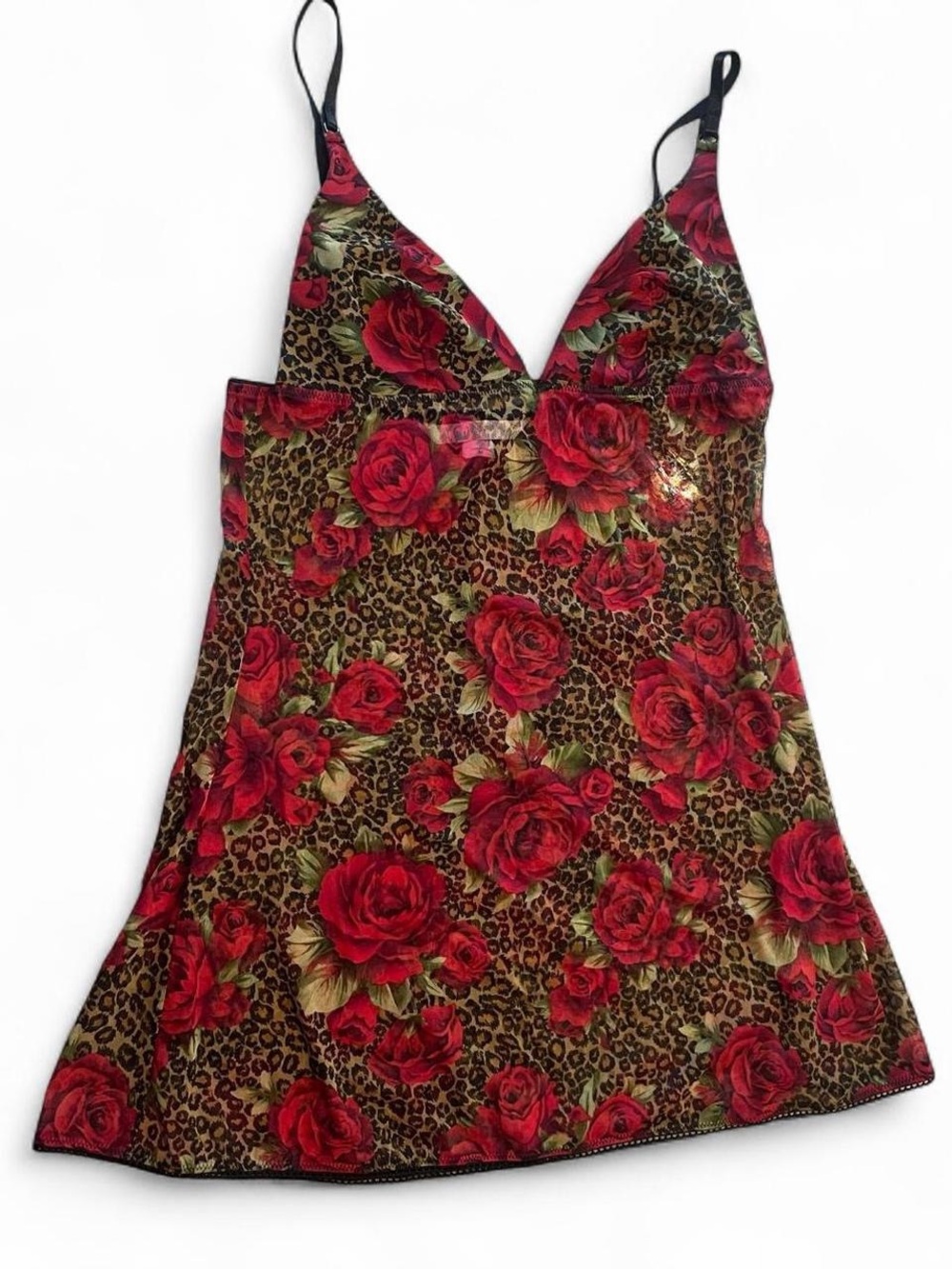Vintage Victoria’s Secret Y2K Red Rose Print Slip Dress with Leopard Background